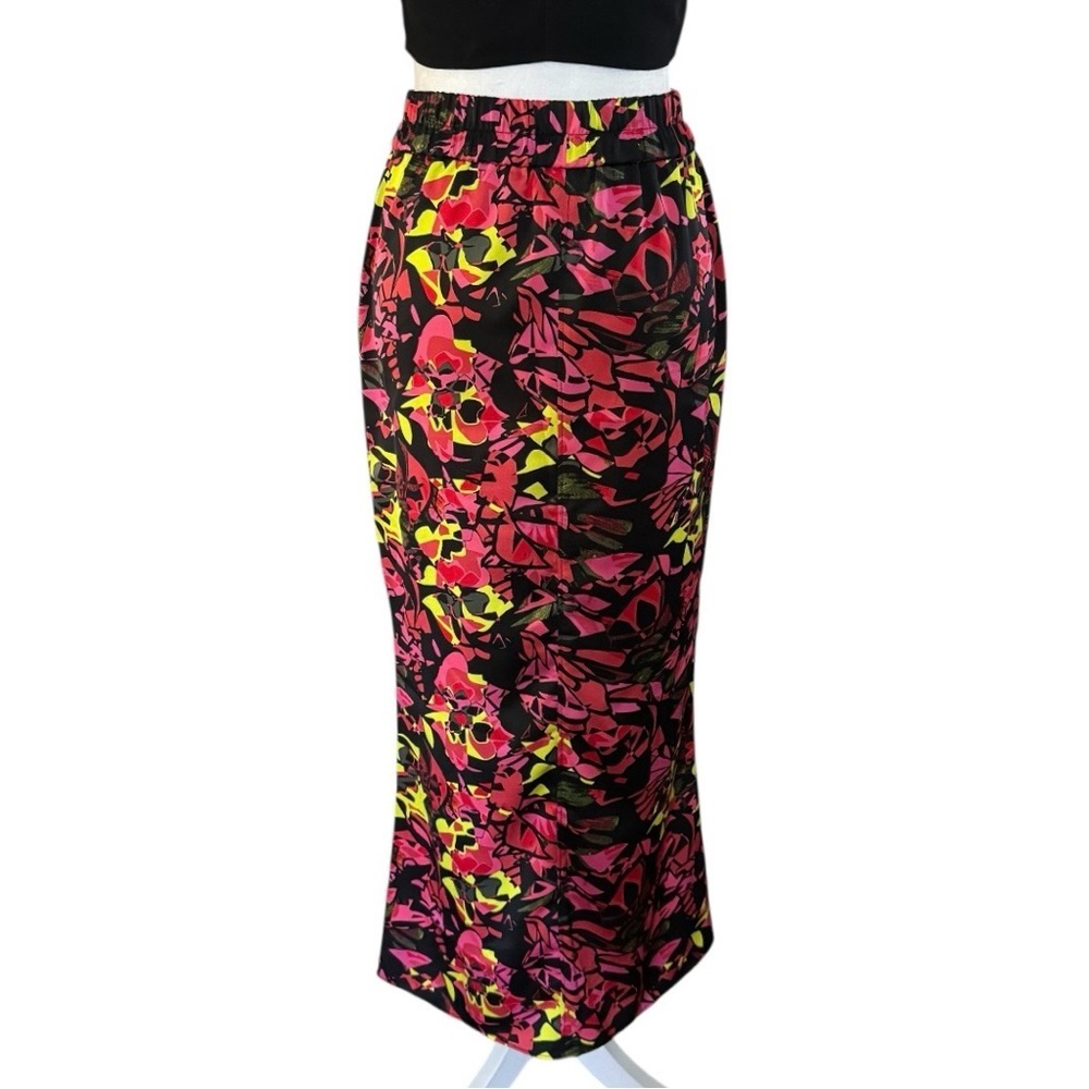 Open Edit Satin Floral Midi Skirt Black Pink Yellow XS - Picture 5 of 11